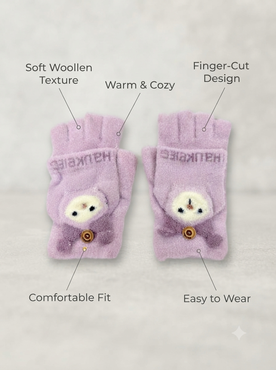Cdeck Kids Woolen Winter Gloves | Warm Knitted Fingerless Gloves for Boys & Girls | Soft Winter Hand Warmers | Lavender | 1–3 Years