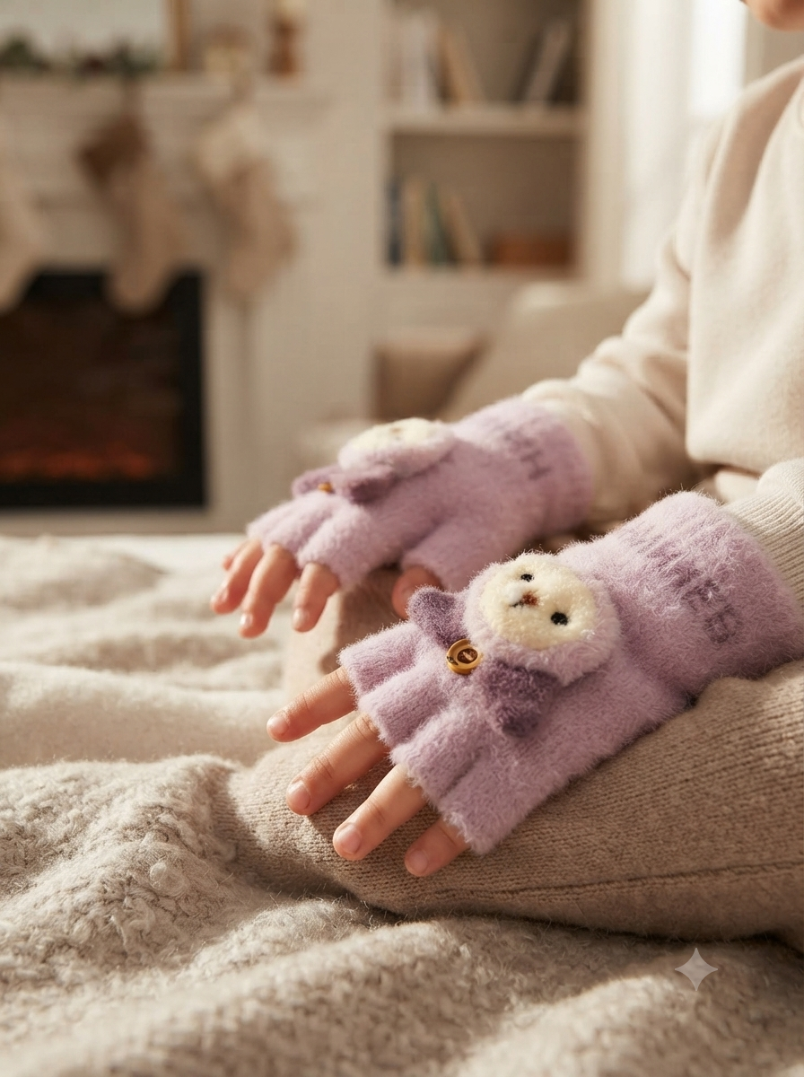 Cdeck Kids Woolen Winter Gloves | Warm Knitted Fingerless Gloves for Boys & Girls | Soft Winter Hand Warmers | Lavender | 1–3 Years
