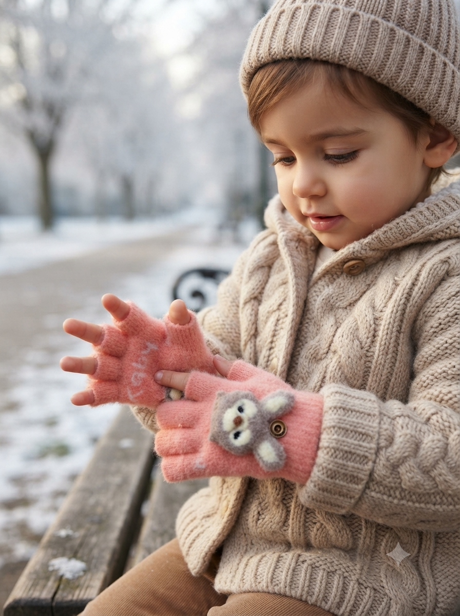 Cdeck Kids Woolen Winter Gloves | Warm Knitted Fingerless Gloves for Boys & Girls | Soft Winter Hand Warmers | Pink & Peach | 1–3 Years