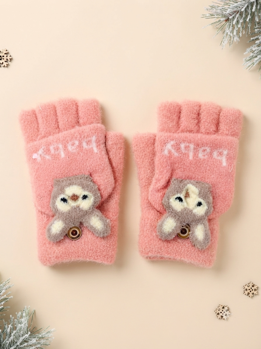 Cdeck Kids Woolen Winter Gloves | Warm Knitted Fingerless Gloves for Boys & Girls | Soft Winter Hand Warmers | Pink & Peach | 1–3 Years
