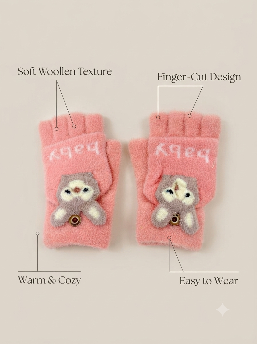 Cdeck Kids Woolen Winter Gloves | Warm Knitted Fingerless Gloves for Boys & Girls | Soft Winter Hand Warmers | Pink | 1–3 Years
