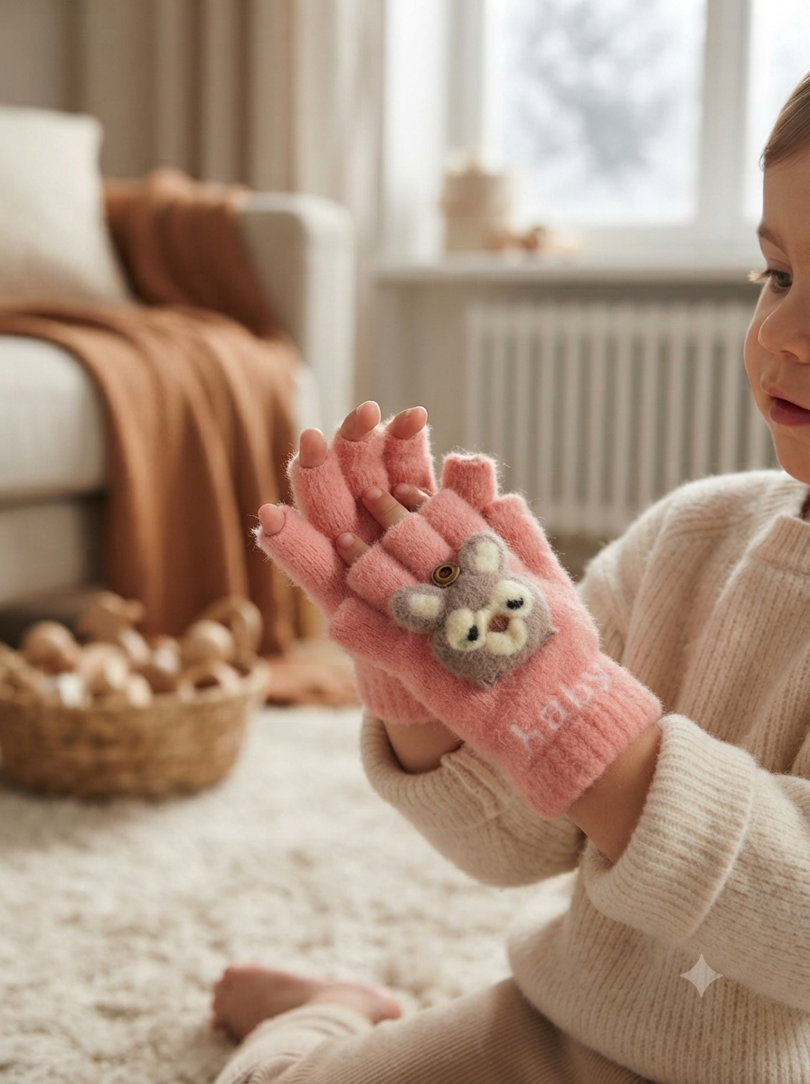 Cdeck Kids Woolen Winter Gloves | Warm Knitted Fingerless Gloves for Boys & Girls | Soft Winter Hand Warmers | Pink | 1–3 Years