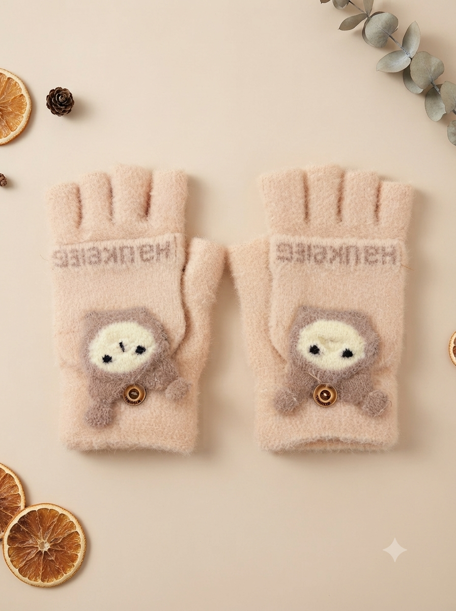 Cdeck Kids Woolen Winter Gloves | Warm Knitted Fingerless Gloves for Boys & Girls | Soft Winter Hand Warmers | Peach | 1–3 Years
