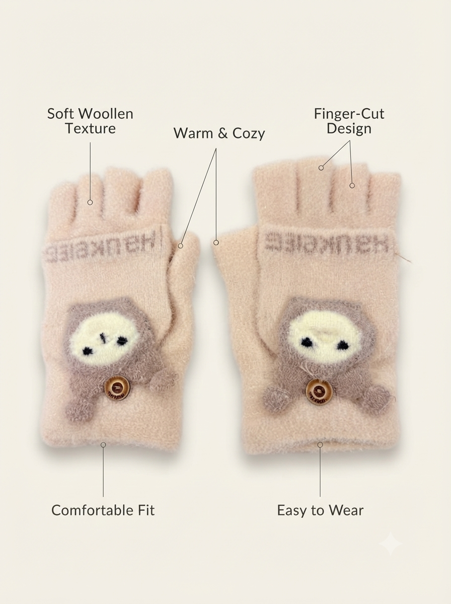 Cdeck Kids Woolen Winter Gloves | Warm Knitted Fingerless Gloves for Boys & Girls | Soft Winter Hand Warmers | Peach | 1–3 Years