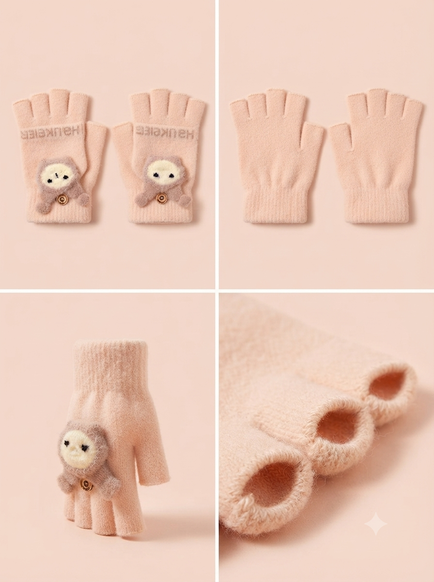 Cdeck Kids Woolen Winter Gloves | Warm Knitted Fingerless Gloves for Boys & Girls | Soft Winter Hand Warmers | Peach | 1–3 Years