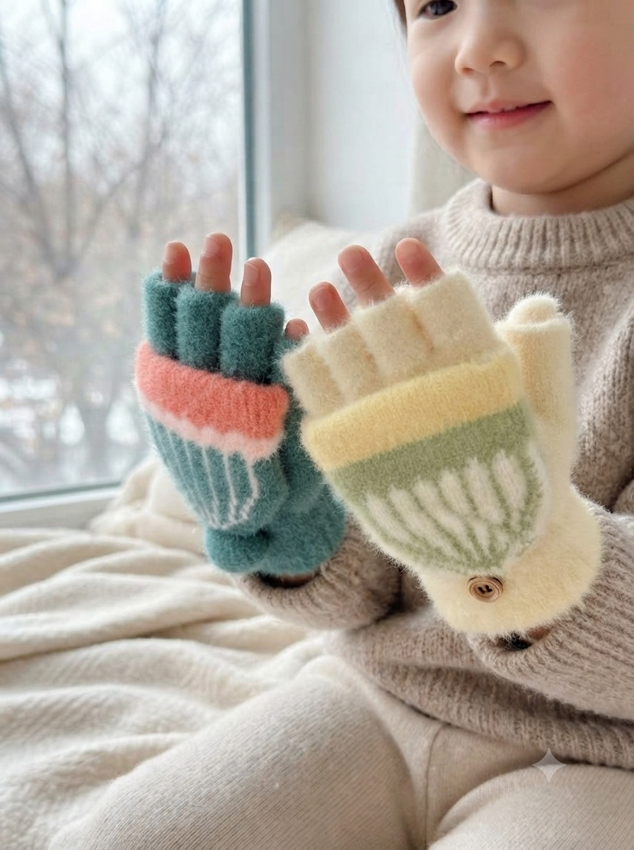 Cdeck Kids Woolen Winter Gloves | Warm Knitted Fingerless Gloves for Boys & Girls | Soft Winter Hand Warmers | Green & Yellow | 1–3 Years