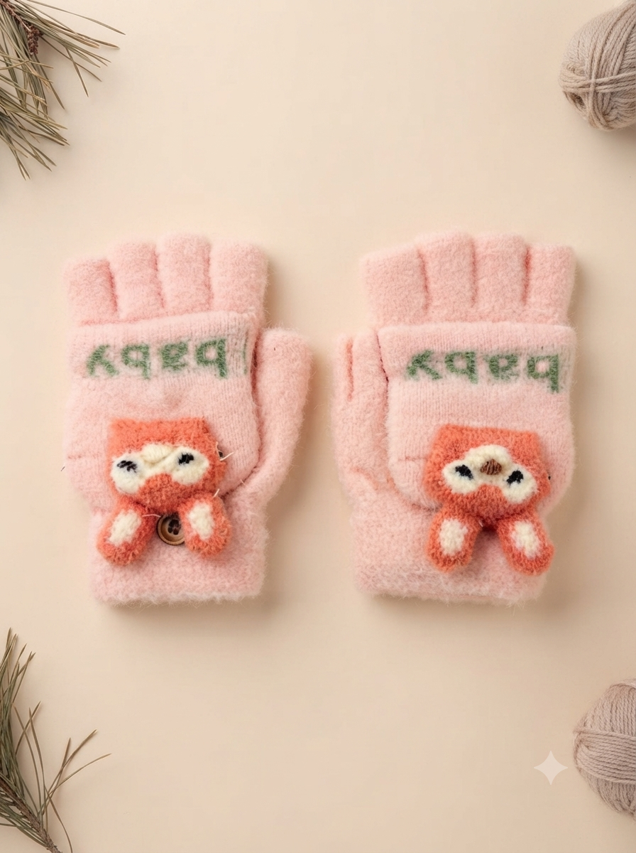 Cdeck Kids Woolen Winter Gloves | Warm Knitted Fingerless Gloves for Boys & Girls | Soft Winter Hand Warmers | Pink | 1–3 Years