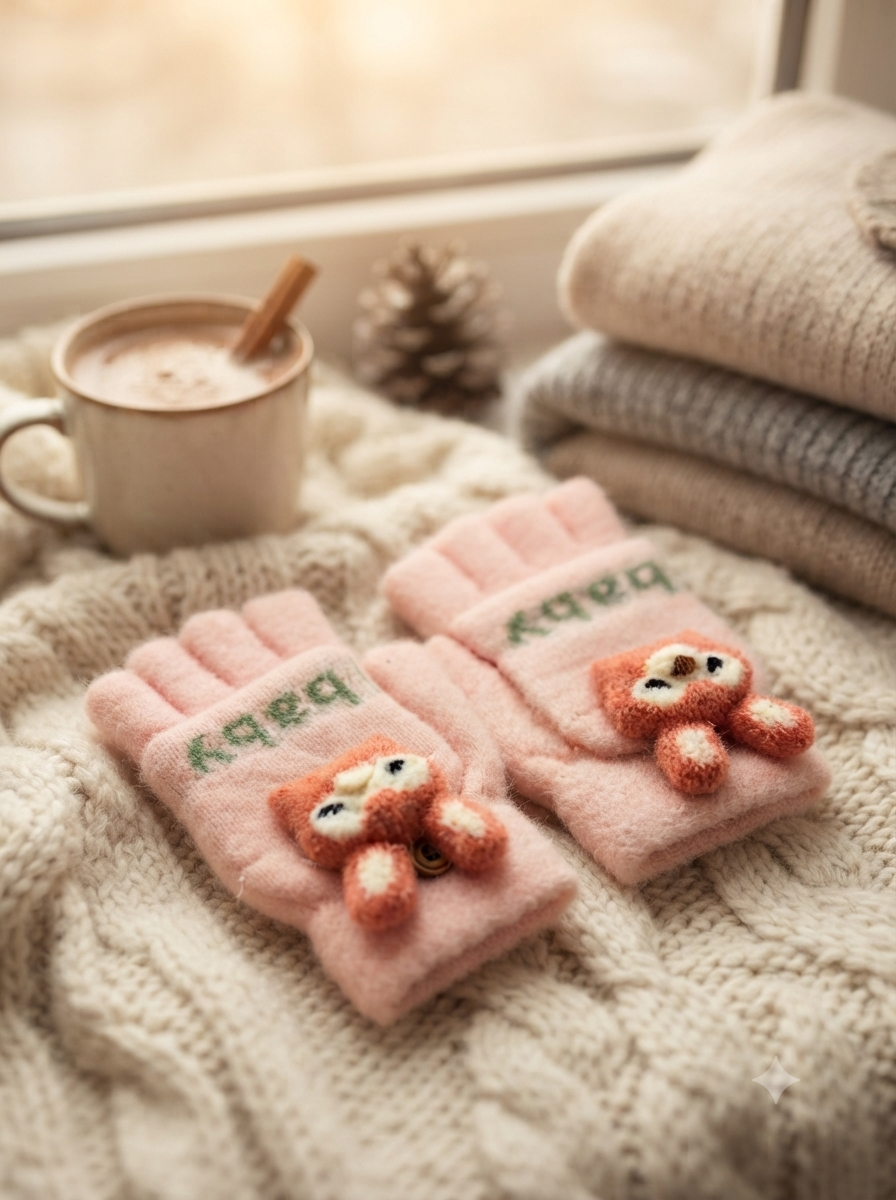 Cdeck Kids Woolen Winter Gloves | Warm Knitted Fingerless Gloves for Boys & Girls | Soft Winter Hand Warmers | Pink | 1–3 Years