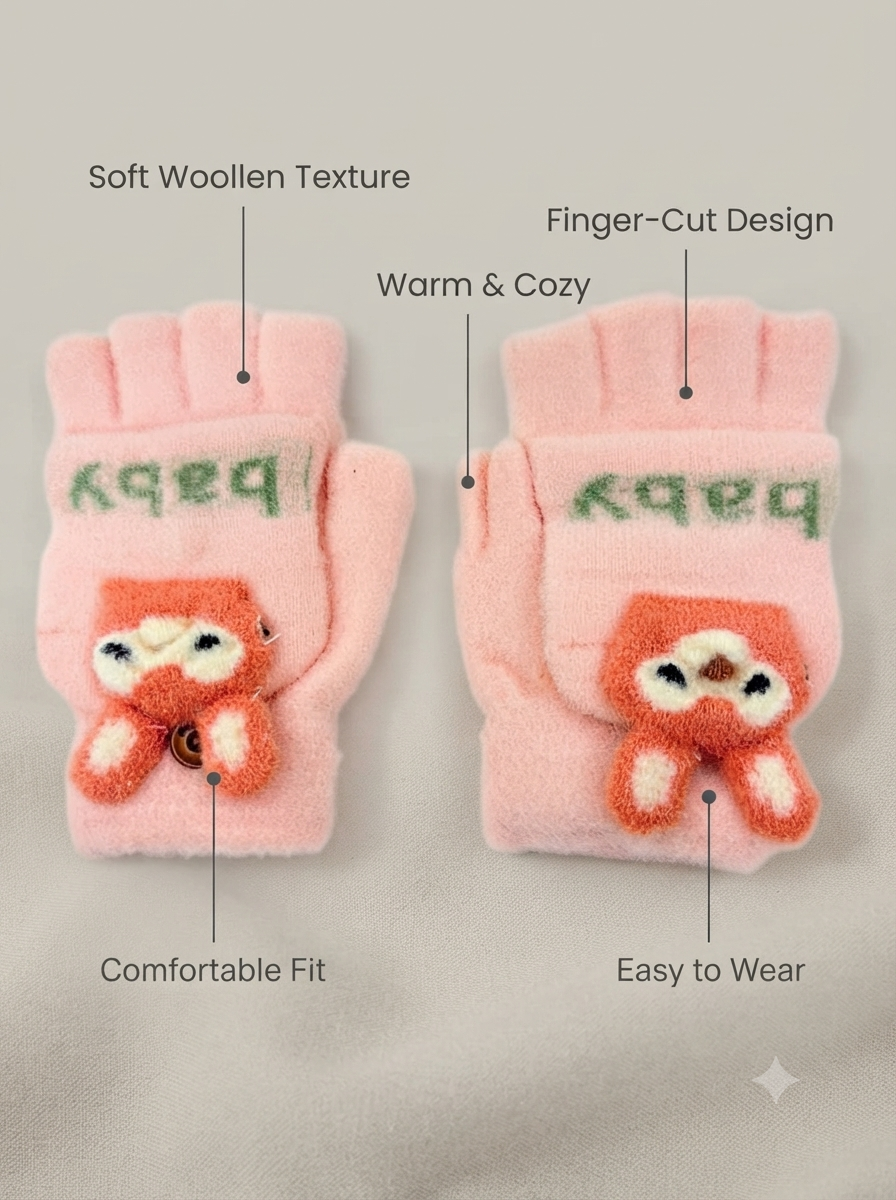 Cdeck Kids Woolen Winter Gloves | Warm Knitted Fingerless Gloves for Boys & Girls | Soft Winter Hand Warmers | Pink & Peach | 1–3 Years
