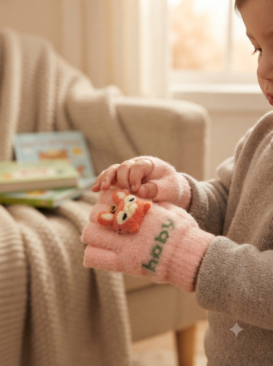 Cdeck Kids Woolen Winter Gloves | Warm Knitted Fingerless Gloves for Boys & Girls | Soft Winter Hand Warmers | Pink | 1–3 Years