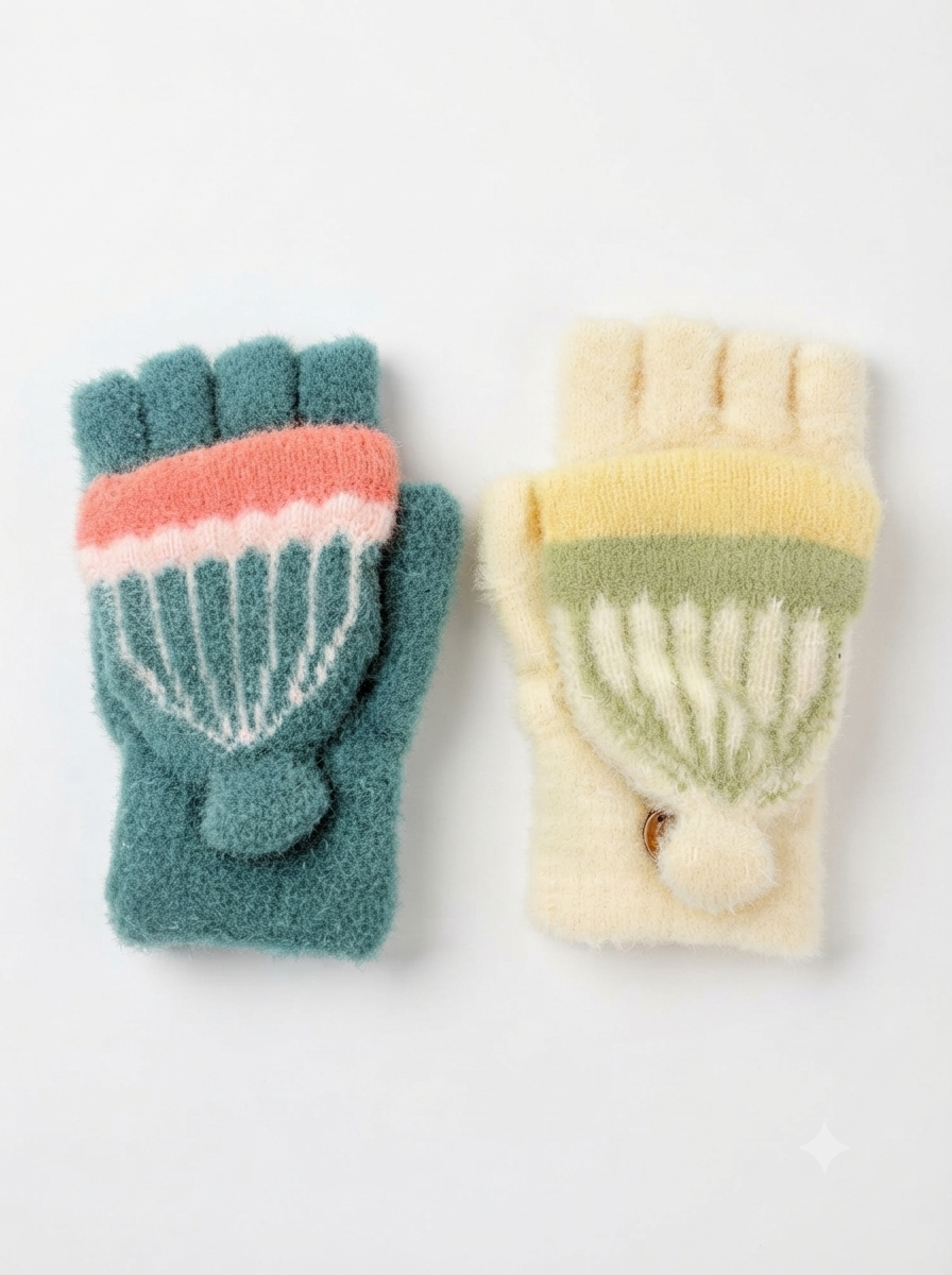 Cdeck Kids Woolen Winter Gloves | Warm Knitted Fingerless Gloves for Boys & Girls | Soft Winter Hand Warmers | Green & Yellow | 1–3 Years