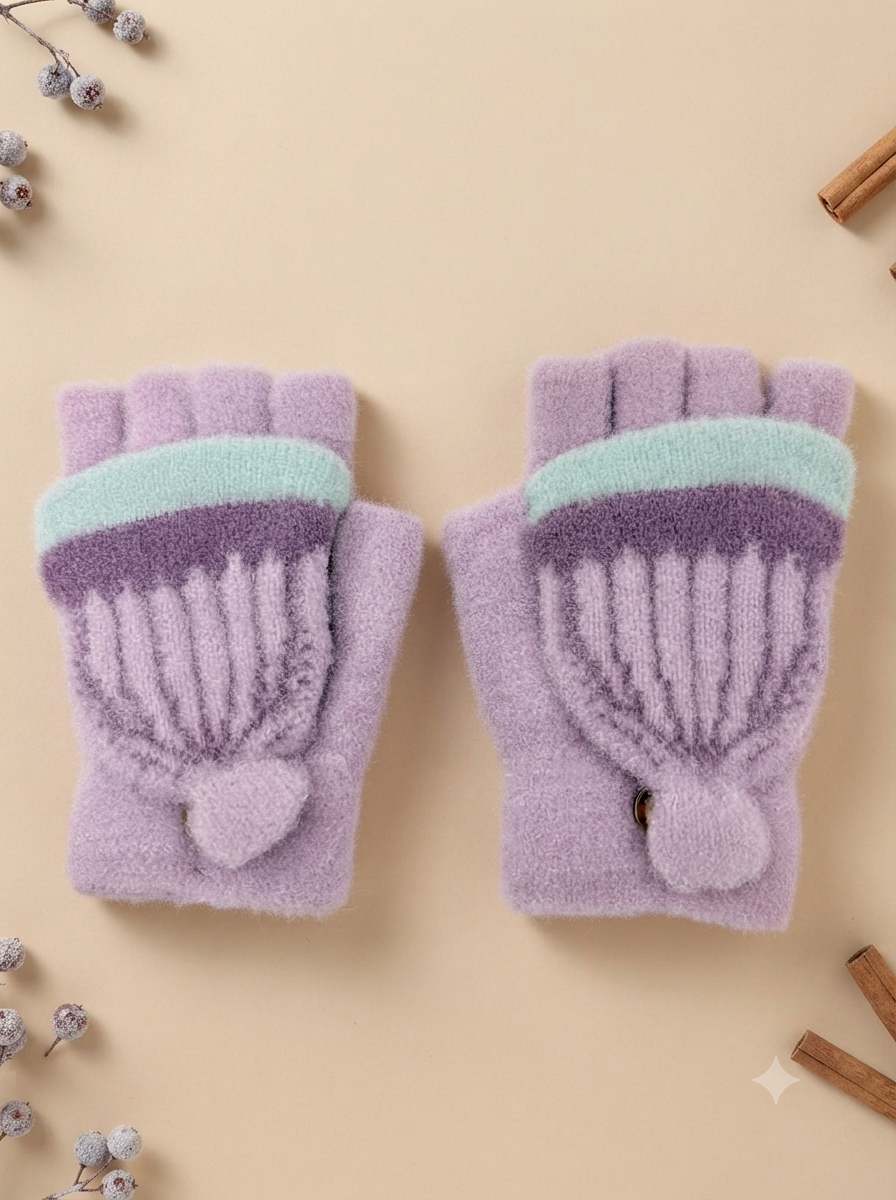 Cdeck Kids Woolen Winter Gloves | Warm Knitted Fingerless Gloves for Boys & Girls | Soft Winter Hand Warmers | Lavender | 1–3 Years