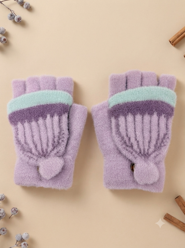 Cdeck Kids Woolen Winter Gloves | Warm Knitted Fingerless Gloves for Boys & Girls | Soft Winter Hand Warmers | Lavender | 1–3 Years