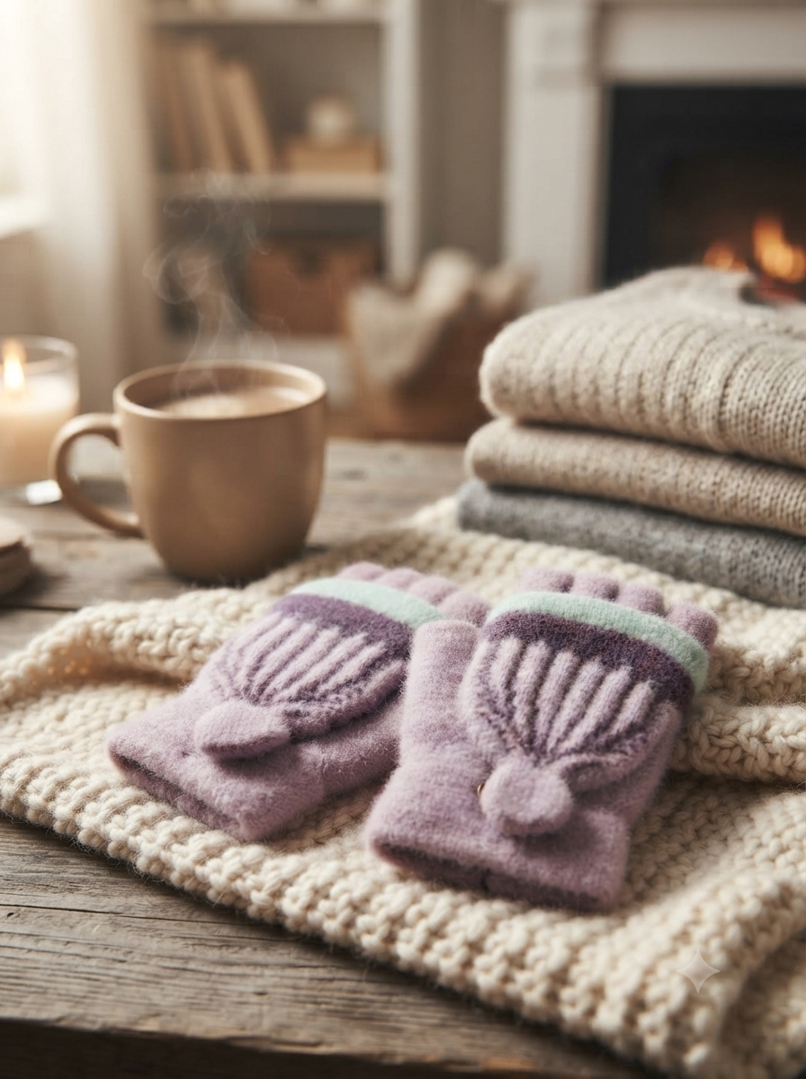 Cdeck Kids Woolen Winter Gloves | Warm Knitted Fingerless Gloves for Boys & Girls | Soft Winter Hand Warmers | Lavender | 1–3 Years