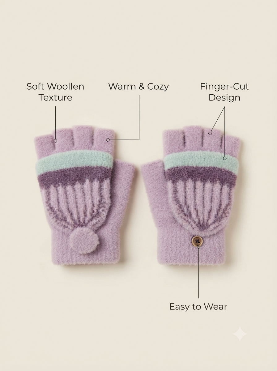 Cdeck Kids Woolen Winter Gloves | Warm Knitted Fingerless Gloves for Boys & Girls | Soft Winter Hand Warmers | Lavender | 1–3 Years