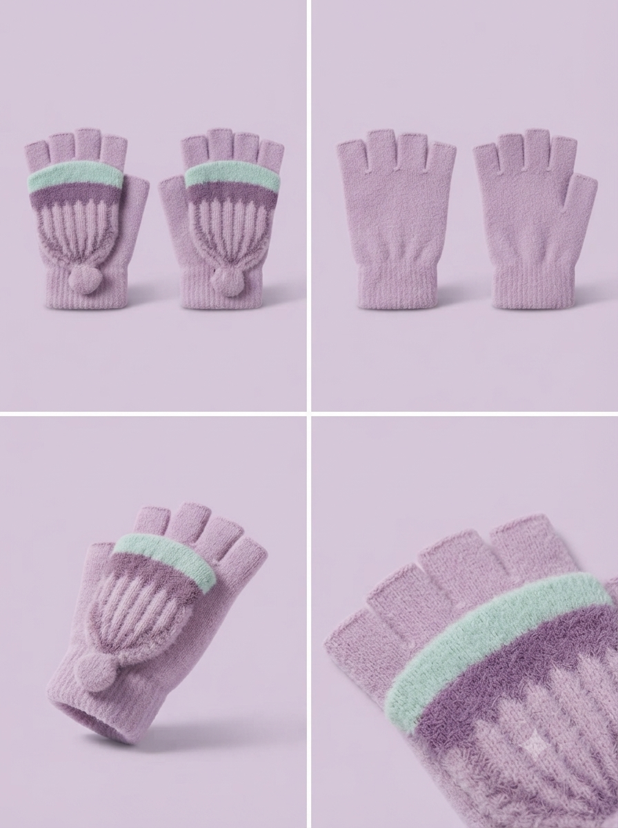 Cdeck Kids Woolen Winter Gloves | Warm Knitted Fingerless Gloves for Boys & Girls | Soft Winter Hand Warmers | Pink & Lavender | 1–3 Years