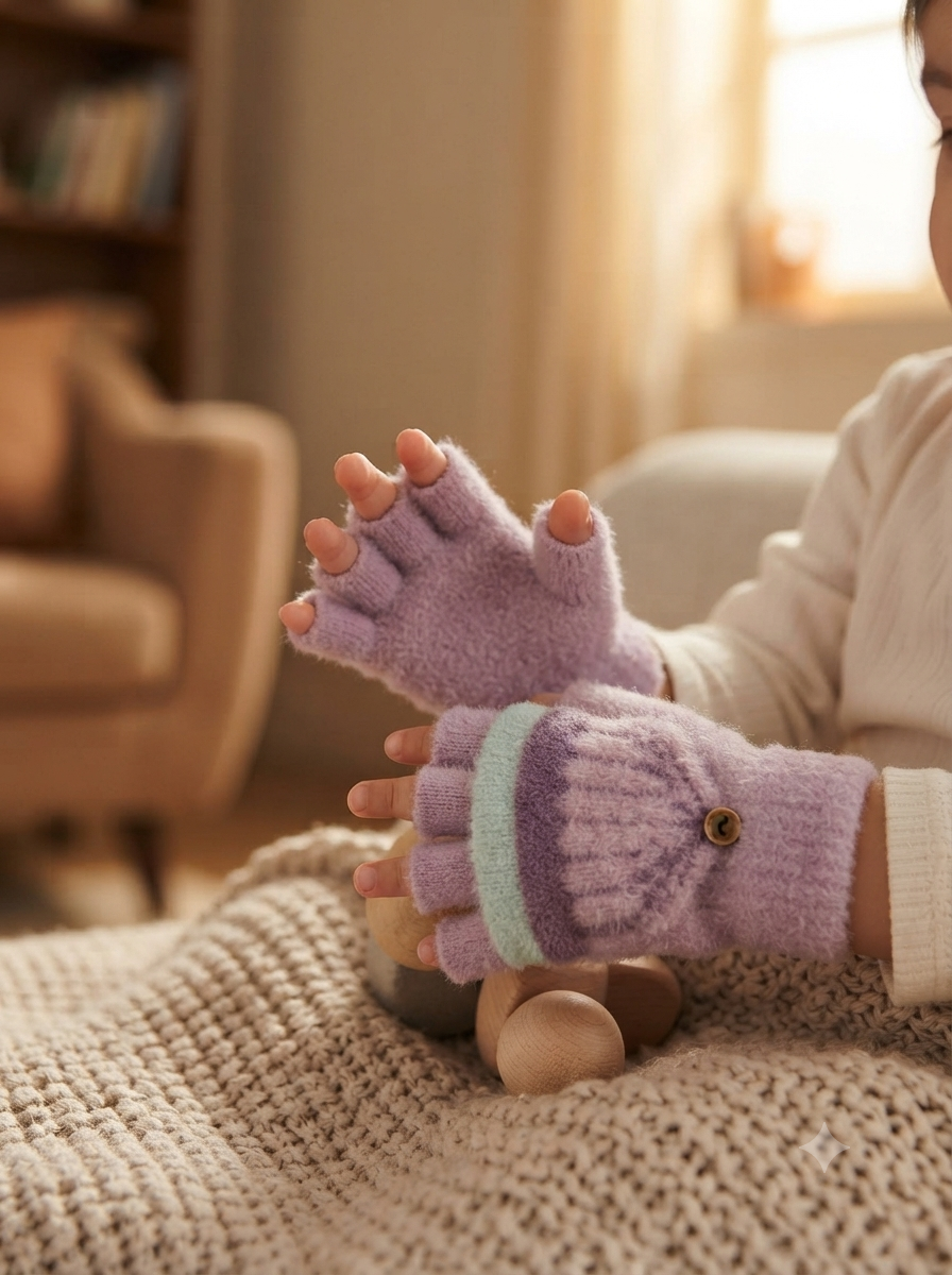 Cdeck Kids Woolen Winter Gloves | Warm Knitted Fingerless Gloves for Boys & Girls | Soft Winter Hand Warmers | Lavender | 1–3 Years