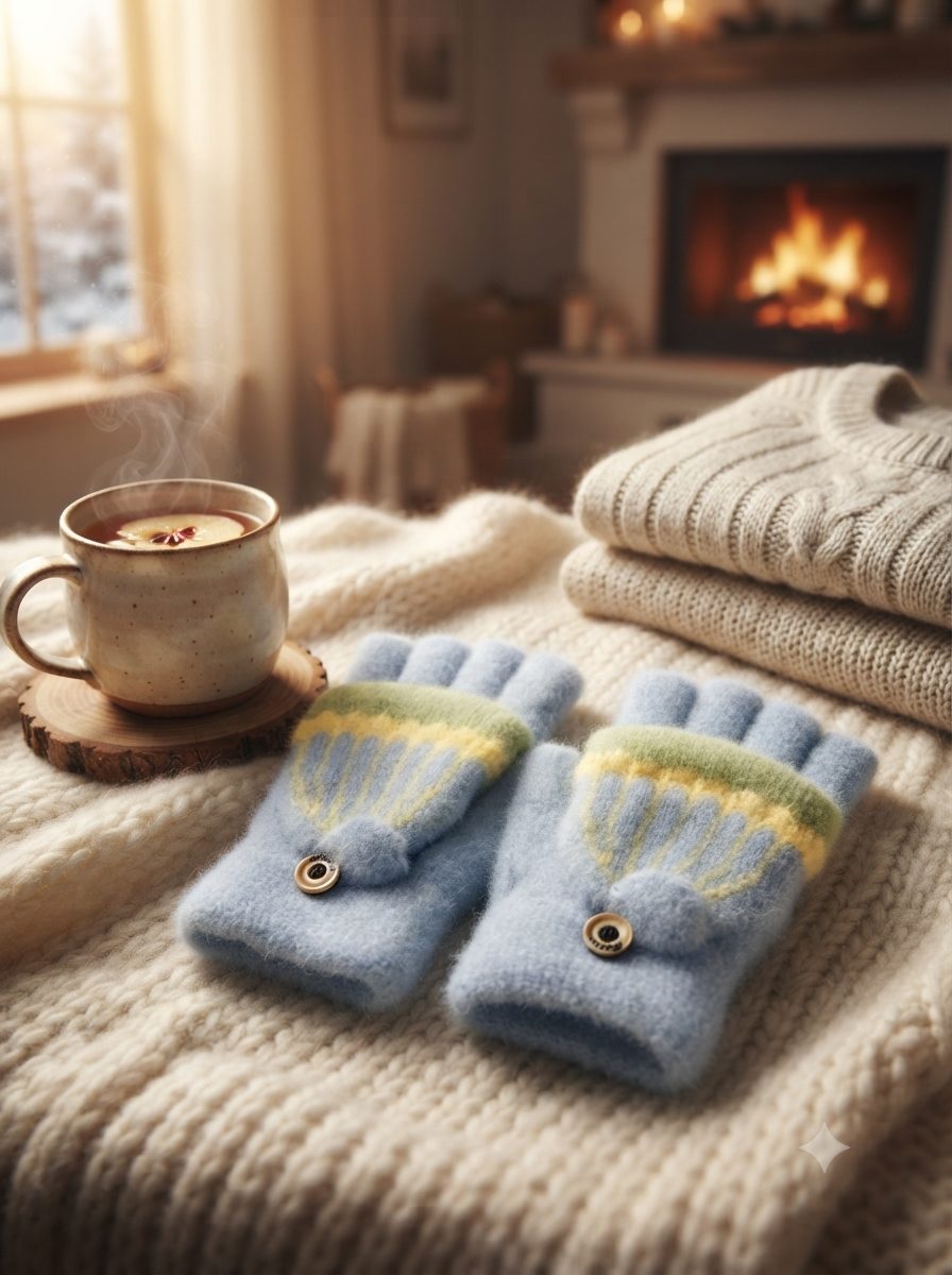 Cdeck Kids Woolen Winter Gloves | Warm Knitted Fingerless Gloves for Boys & Girls | Soft Winter Hand Warmers | Light Blue | 1–3 Years