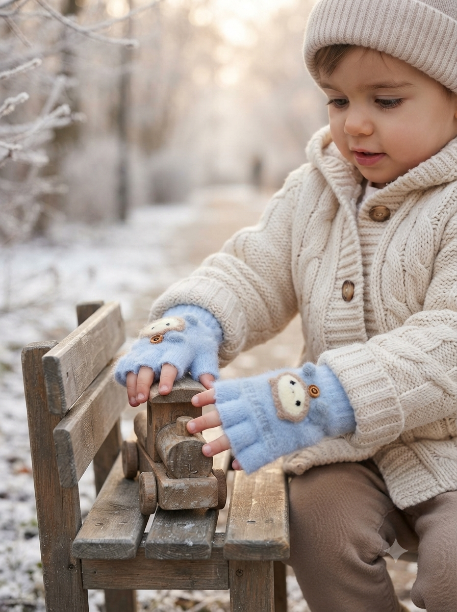 Cdeck Kids Woolen Winter Gloves | Warm Knitted Fingerless Gloves for Boys & Girls | Soft Winter Hand Warmers | Lavender & Sky Blue | 1–3 Years