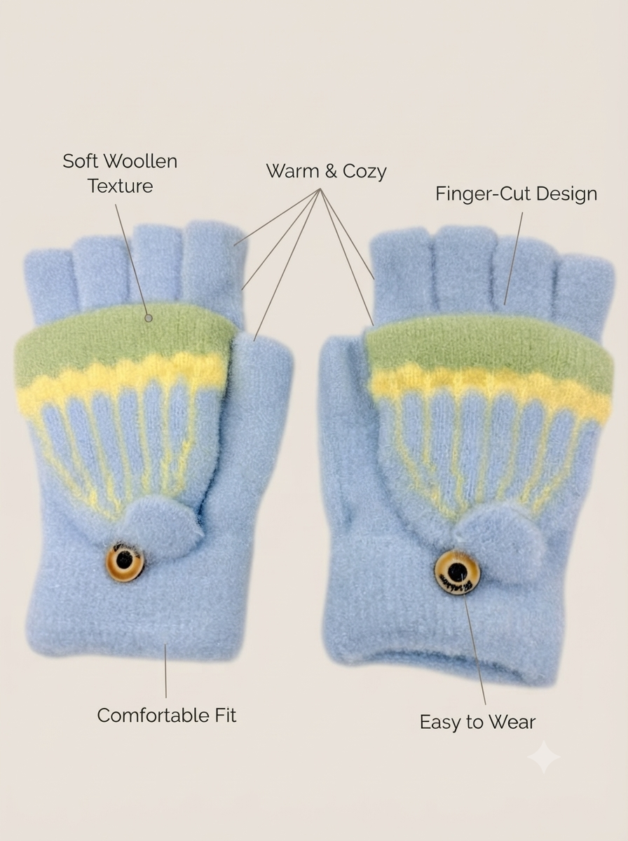 Cdeck Kids Woolen Winter Gloves | Warm Knitted Fingerless Gloves for Boys & Girls | Soft Winter Hand Warmers | Light Blue | 1–3 Years