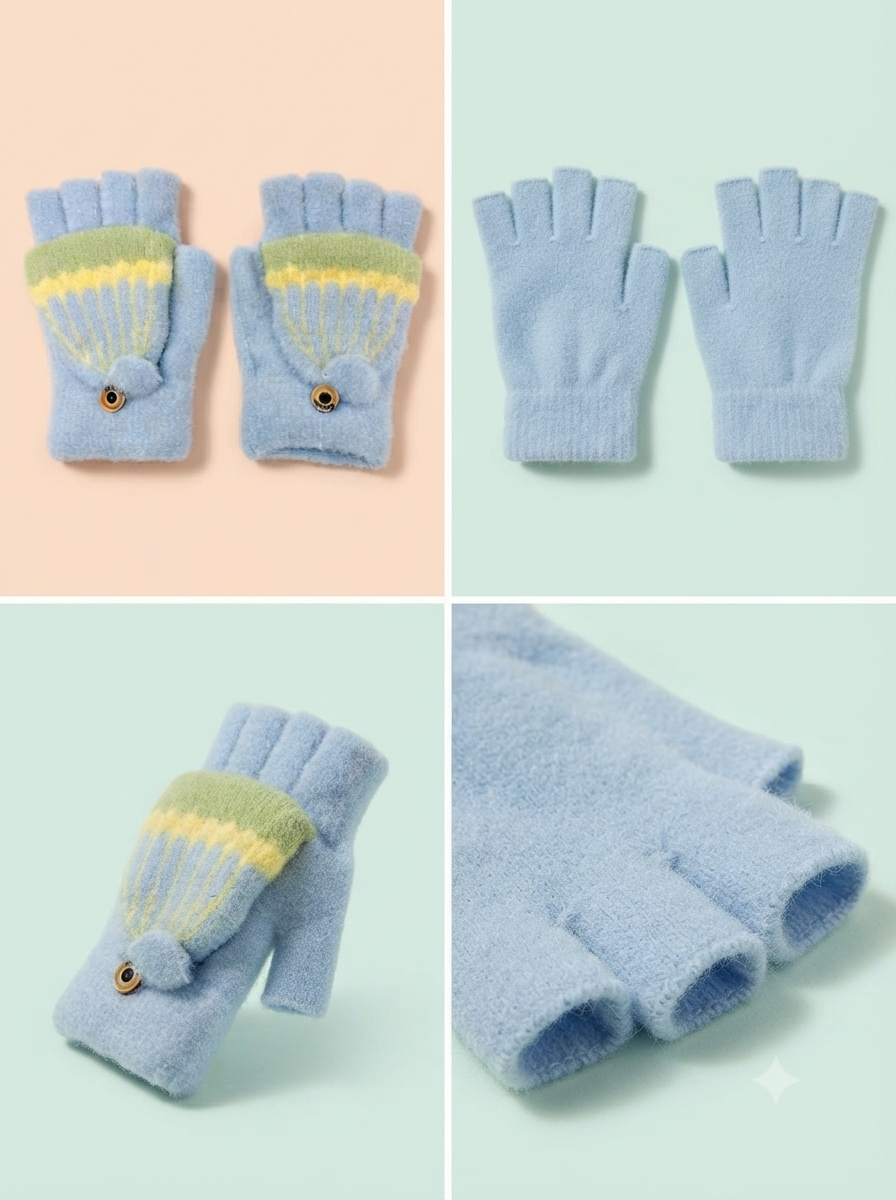 Cdeck Kids Woolen Winter Gloves | Warm Knitted Fingerless Gloves for Boys & Girls | Soft Winter Hand Warmers | Light Blue | 1–3 Years