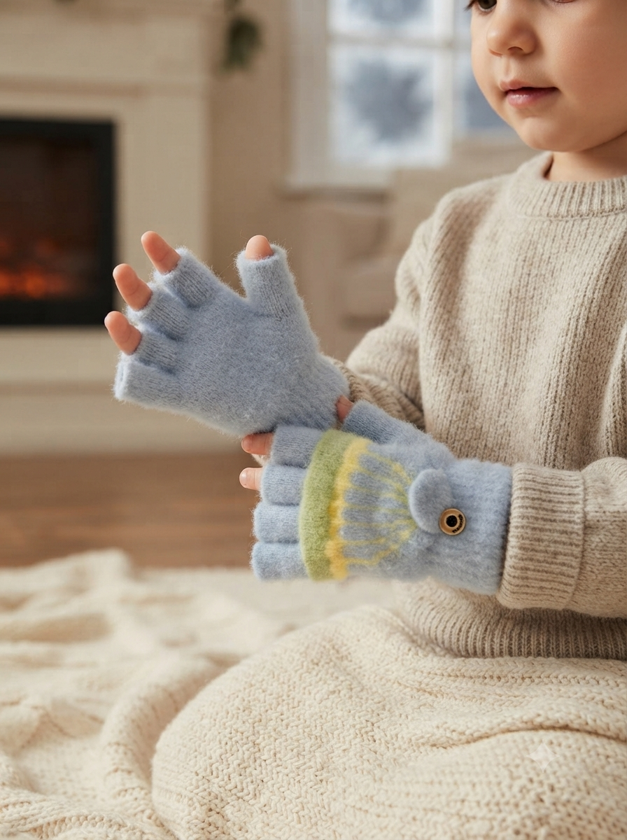 Cdeck Kids Woolen Winter Gloves | Warm Knitted Fingerless Gloves for Boys & Girls | Soft Winter Hand Warmers | Light Blue | 1–3 Years