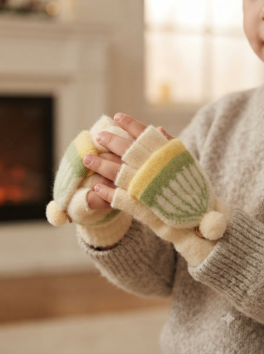 Cdeck Kids Woolen Winter Gloves | Warm Knitted Fingerless Gloves for Boys & Girls | Soft Winter Hand Warmers  | Cream| 1-3 years