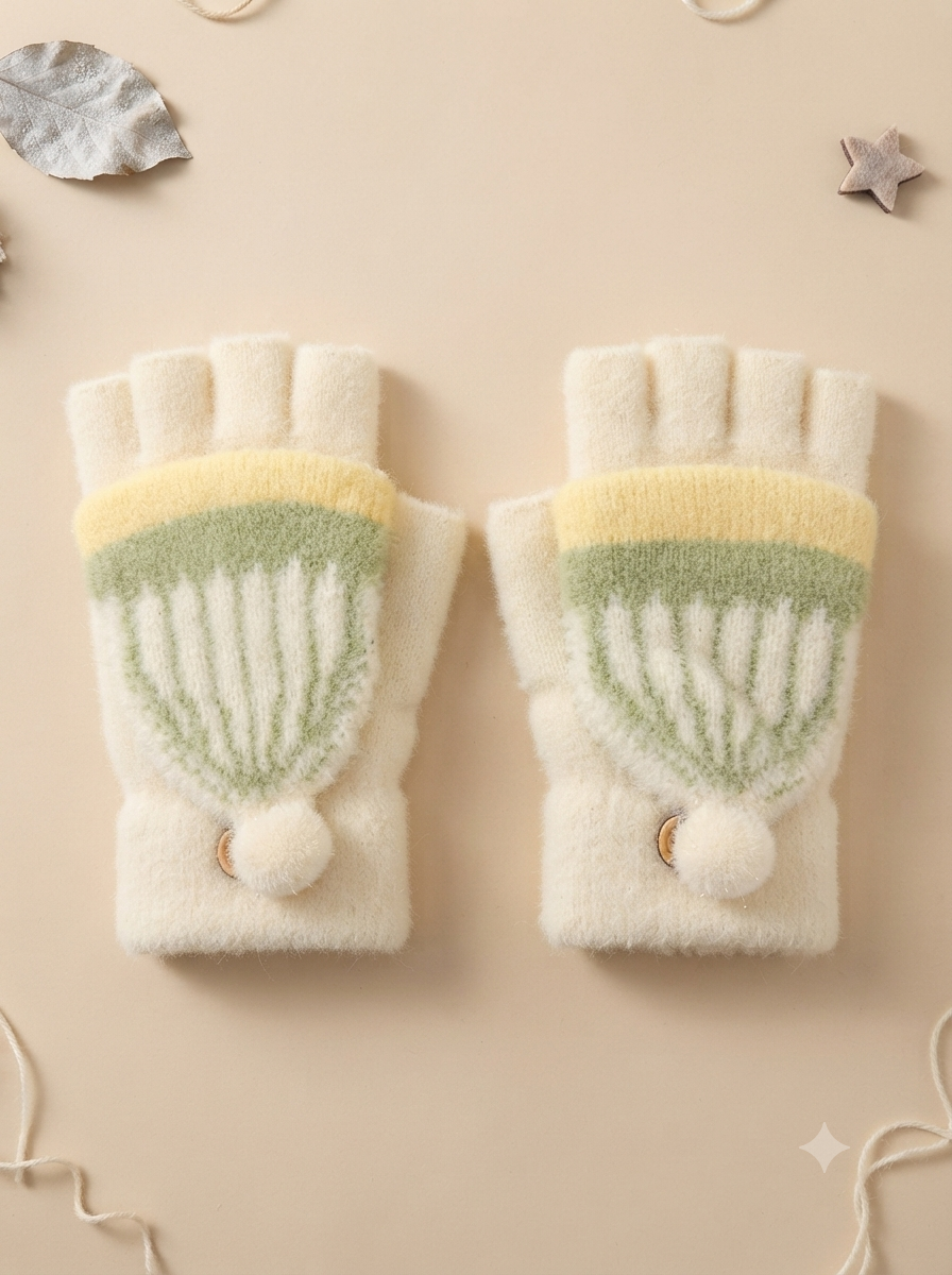 Cdeck Kids Woolen Winter Gloves | Warm Knitted Fingerless Gloves for Boys & Girls | Soft Winter Hand Warmers  | Cream| 1-3 years