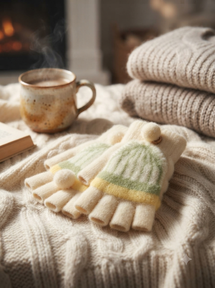 Cdeck Kids Woolen Winter Gloves | Warm Knitted Fingerless Gloves for Boys & Girls | Soft Winter Hand Warmers  | Cream| 1-3 years