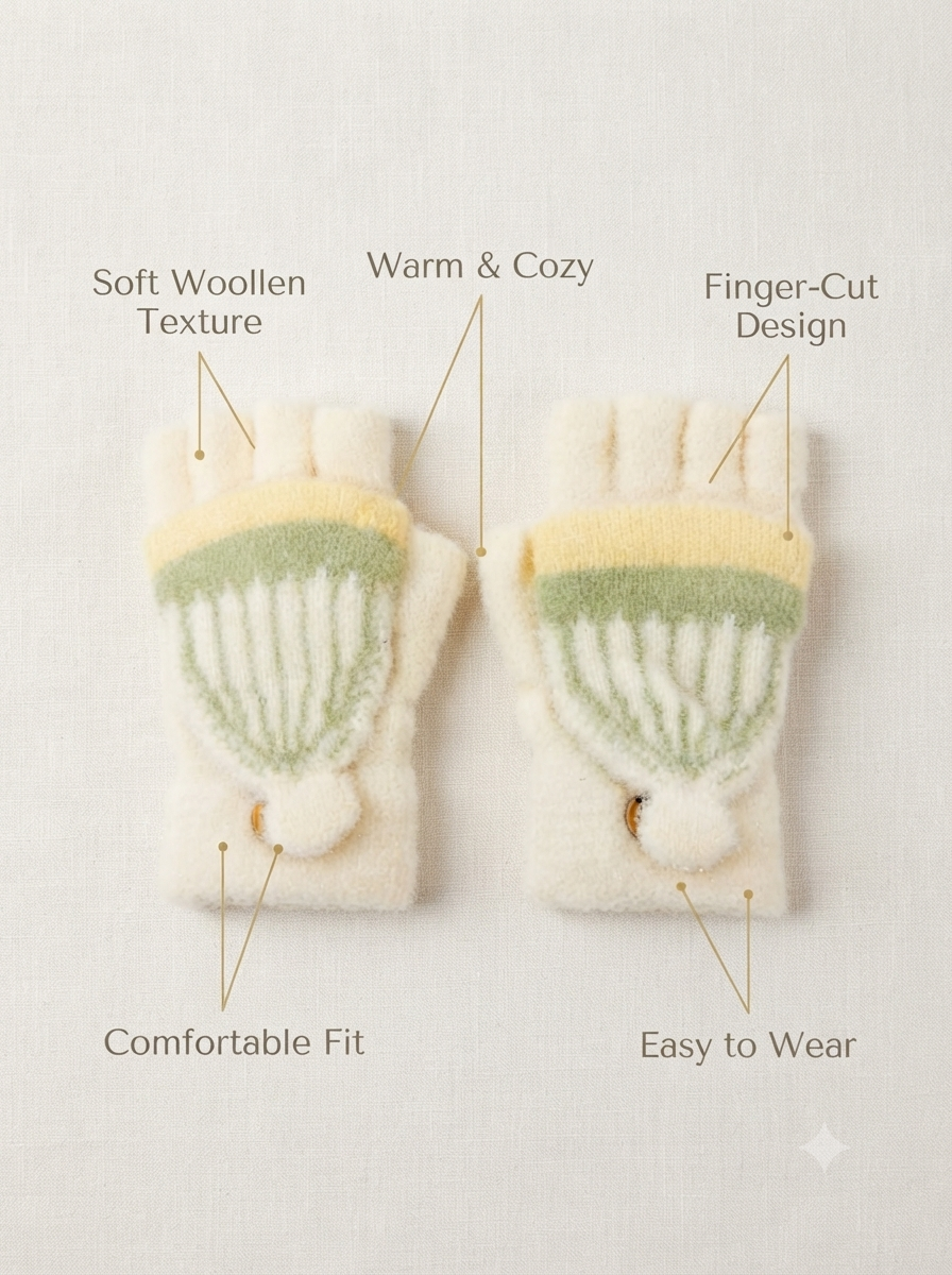 Cdeck Kids Woolen Winter Gloves | Warm Knitted Fingerless Gloves for Boys & Girls | Soft Winter Hand Warmers  | Cream| 1-3 years