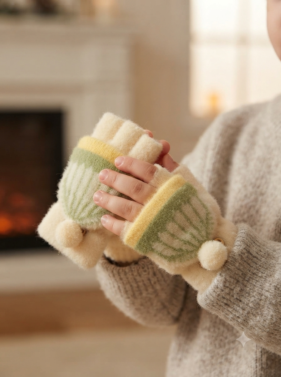 Cdeck Kids Woolen Winter Gloves | Warm Knitted Fingerless Gloves for Boys & Girls | Soft Winter Hand Warmers  | Cream| 1-3 years