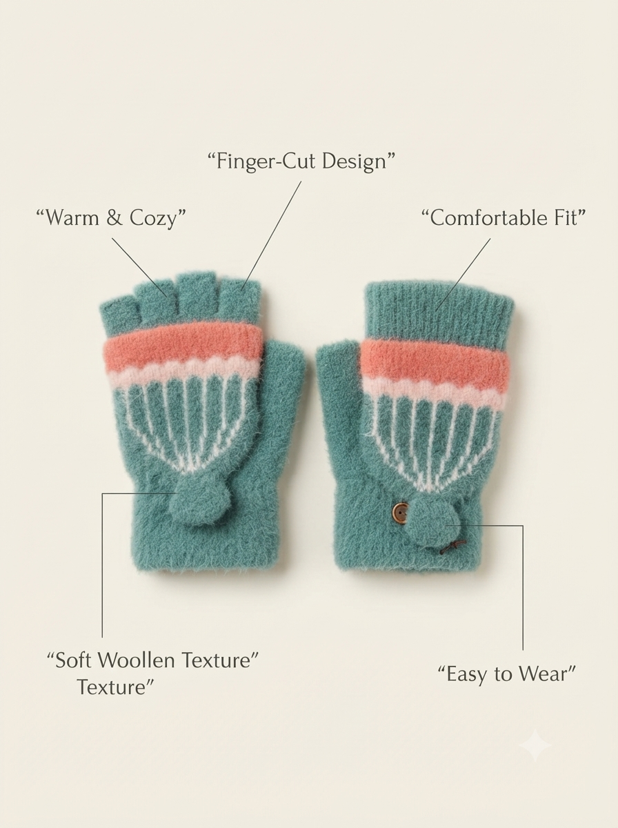 Cdeck Kids Woolen Winter Gloves | Warm Fingerless Knitted Gloves for Unisex Boys & Girls | 1–3 Years | Teal