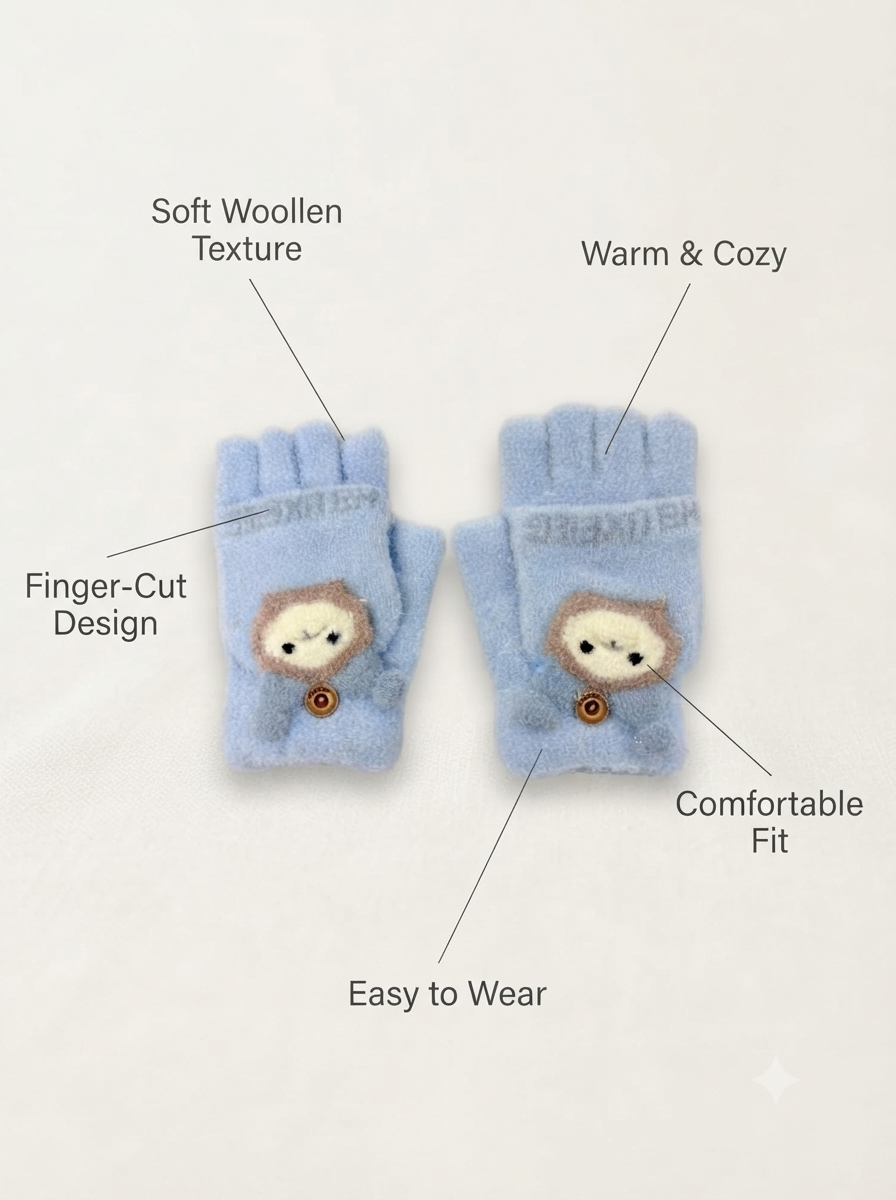 Cdeck Kids Woolen Winter Gloves | Warm Knitted Fingerless Gloves for Boys & Girls | Soft Winter Hand Warmers | Sky Blue | 1–3 Years