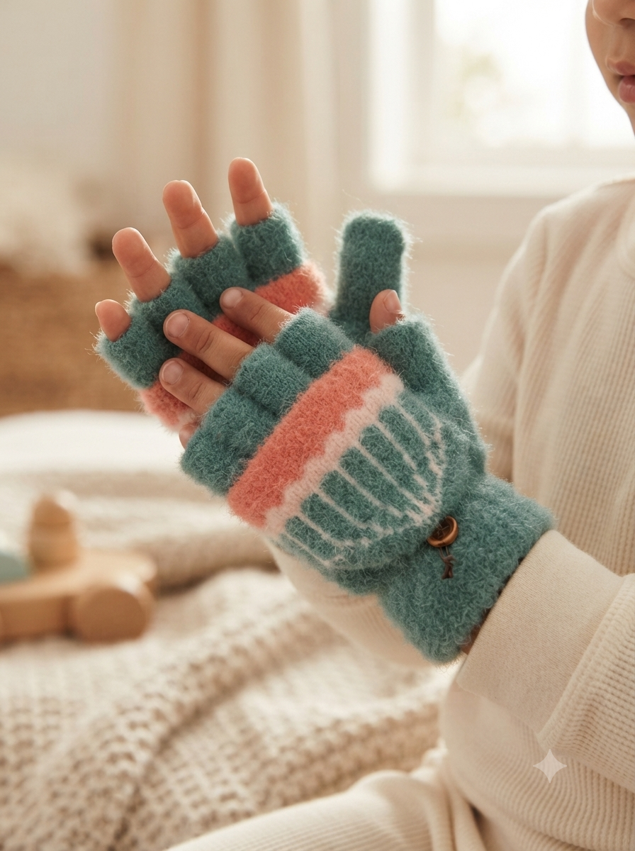 Cdeck Kids Woolen Winter Gloves | Warm Fingerless Knitted Gloves for Unisex Boys & Girls | 1–3 Years | Teal