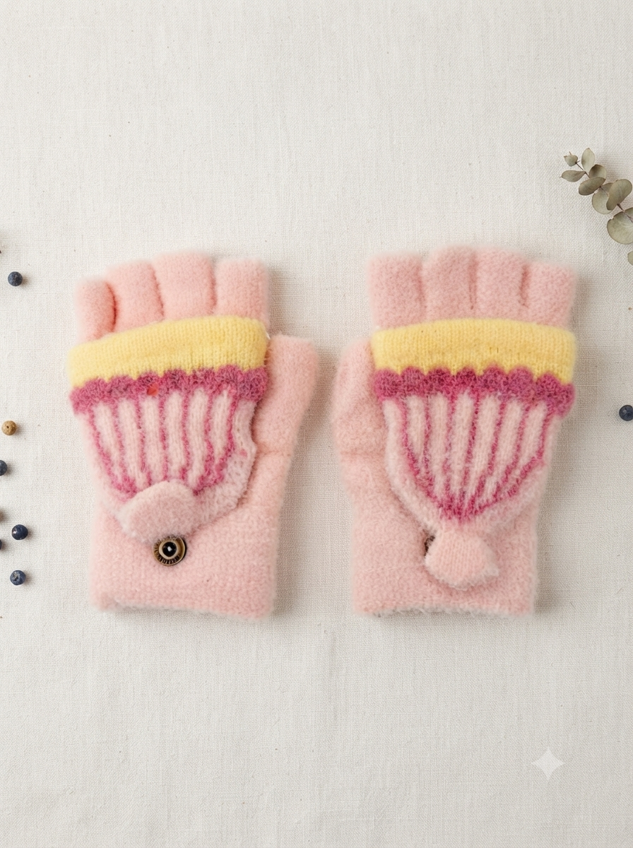 Cdeck Kids Woolen Winter Gloves | Warm Fingerless Gloves for Unisex Boys & Girls | 1–3 Years | Pink