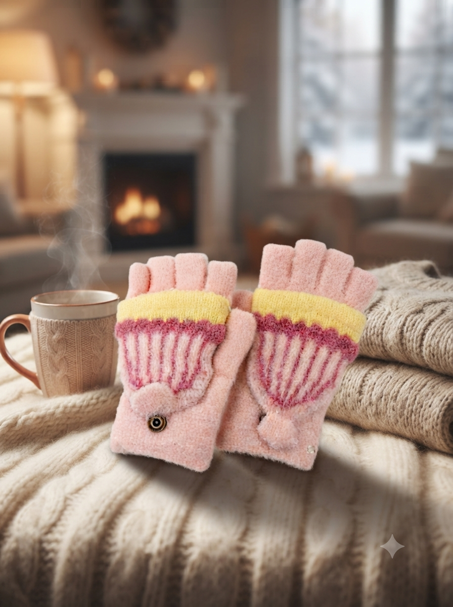 Cdeck Kids Woolen Winter Gloves | Warm Fingerless Gloves for Unisex Boys & Girls | 1–3 Years | Pink