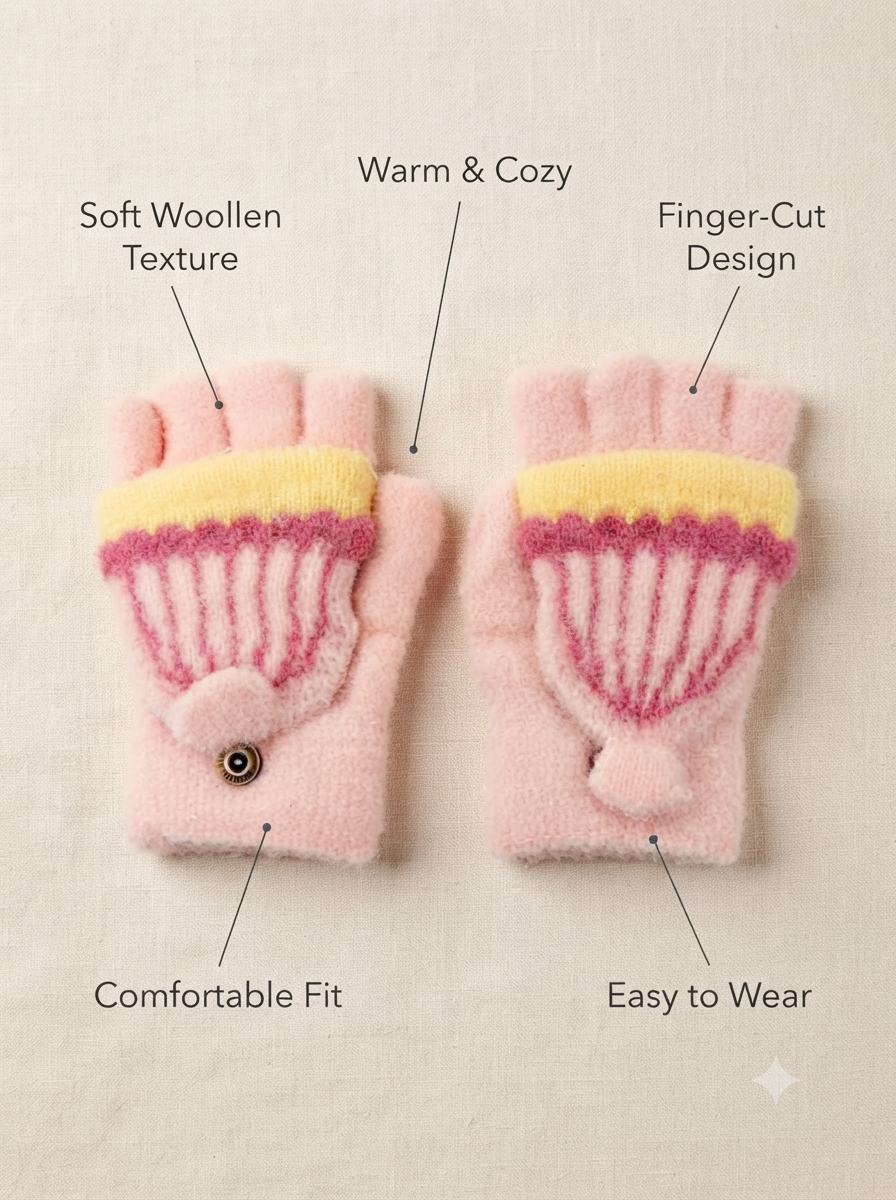 Cdeck Kids Woolen Winter Gloves | Warm Fingerless Gloves for Unisex Boys & Girls | 1–3 Years | Pink