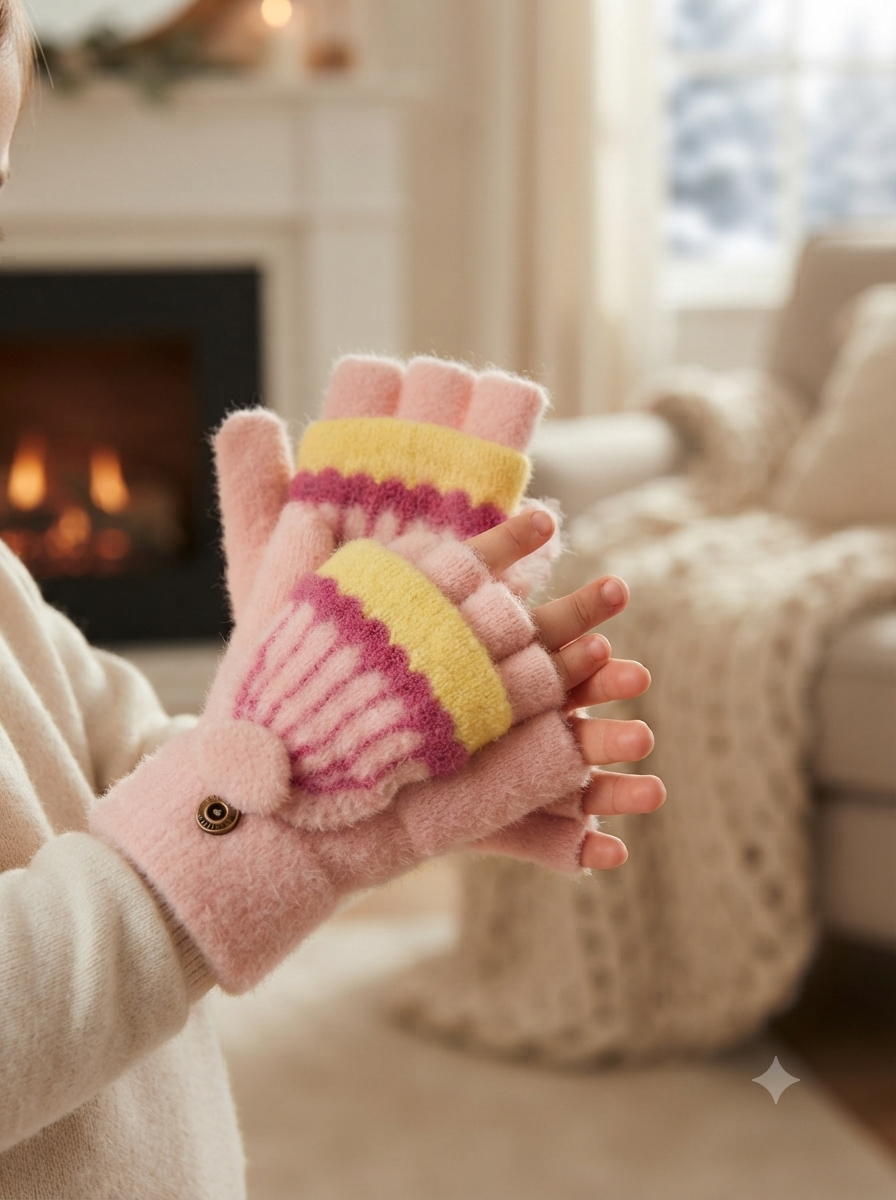 Cdeck Kids Woolen Winter Gloves | Warm Fingerless Gloves for Unisex Boys & Girls | 1–3 Years | Pink