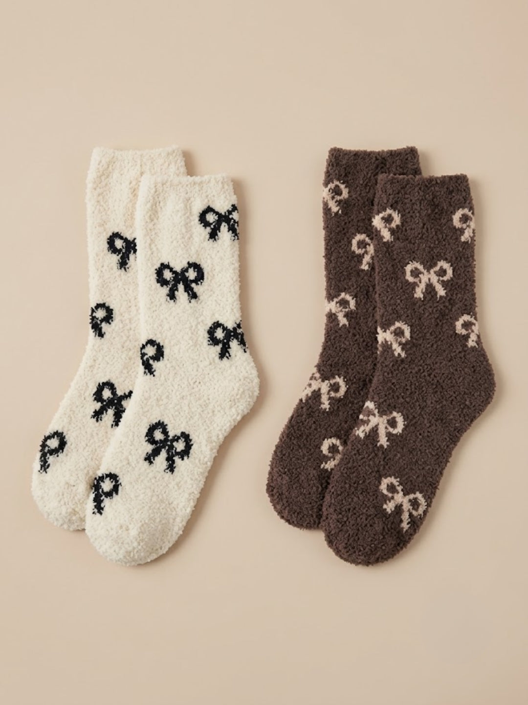 Cdeck Women’s Mid-Calf Fuzzy Socks – Soft Plush Bow Pattern Warm Winter Socks
