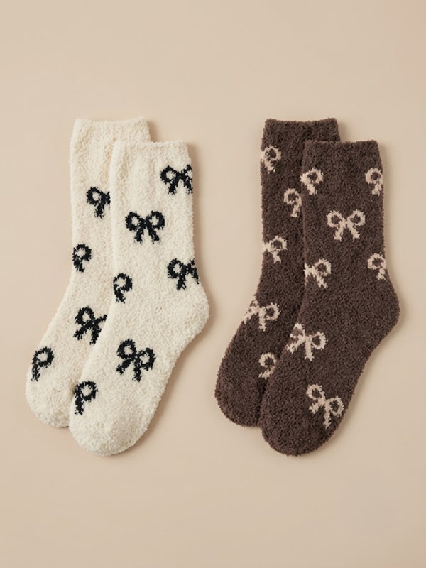 Cdeck Women’s Mid-Calf Fuzzy Socks – Soft Plush Bow Pattern Warm Winter Socks