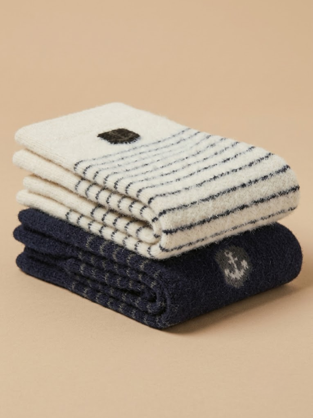 Cdeck Men’s Soft Wool Socks Combo | Cream & Navy Striped Winter Socks