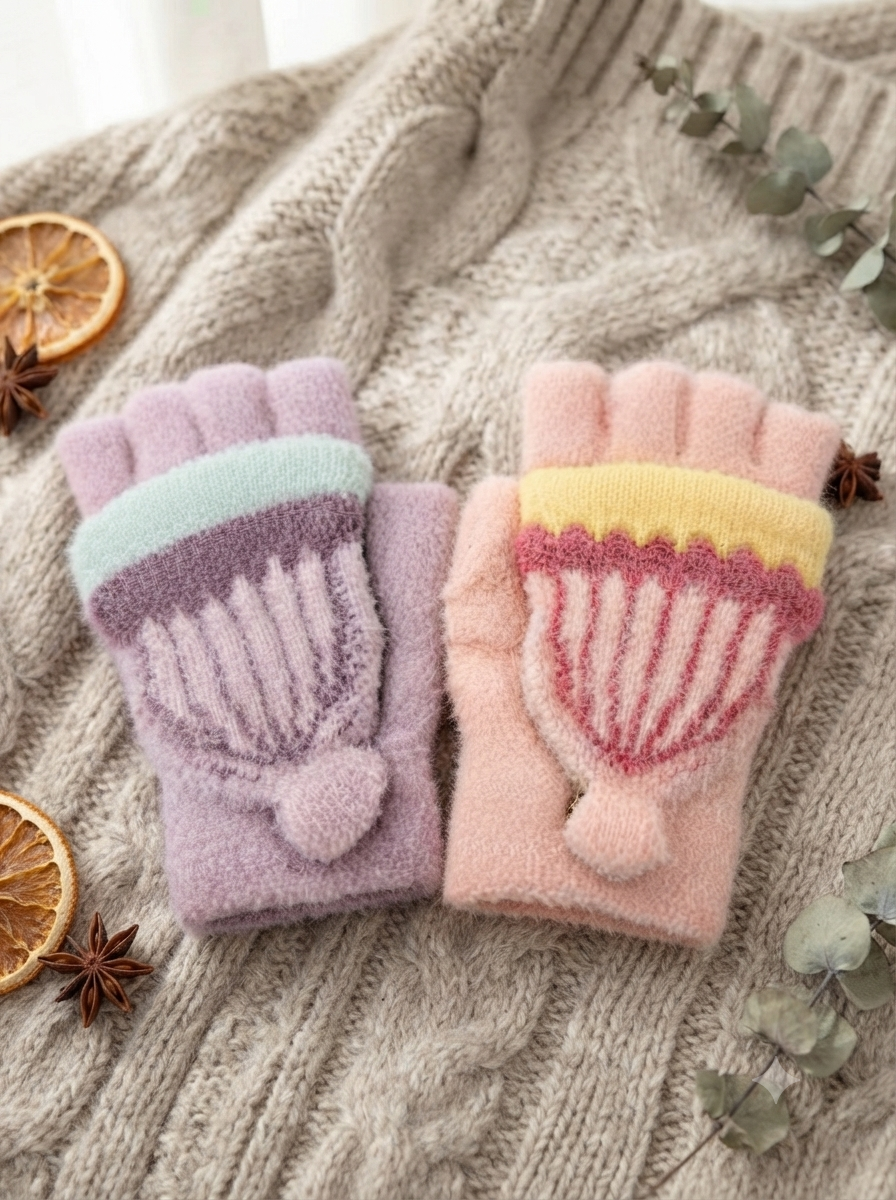 Cdeck Kids Woolen Winter Gloves | Warm Knitted Fingerless Gloves for Boys & Girls | Soft Winter Hand Warmers | Pink & Lavender | 1–3 Years