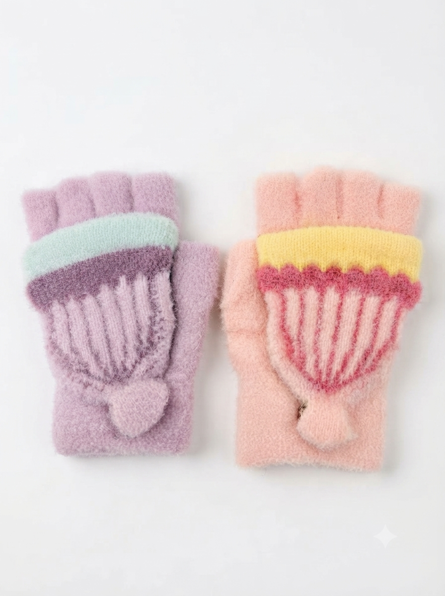 Cdeck Kids Woolen Winter Gloves | Warm Knitted Fingerless Gloves for Boys & Girls | Soft Winter Hand Warmers | Pink & Lavender | 1–3 Years