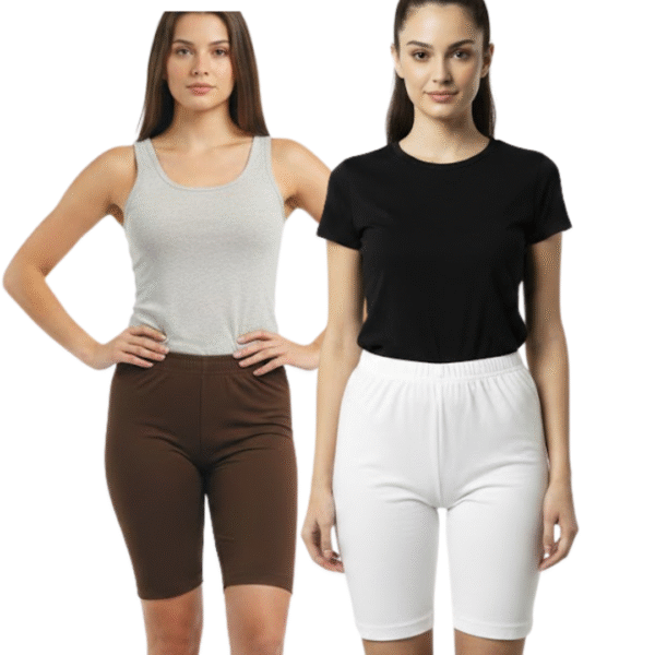 Cdeck Women Hosiery Cotton Cycling Shorts Pack of 2 | Soft Stretchable Knee Length Shorts for Workout Daily Wear Comfort | White-Brown