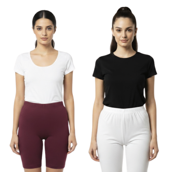 Cdeck Women Hosiery Cotton Cycling Shorts Pack of 2 | Soft Stretchable Knee Length Shorts for Workout Daily Wear Comfort | White-DarkPurple