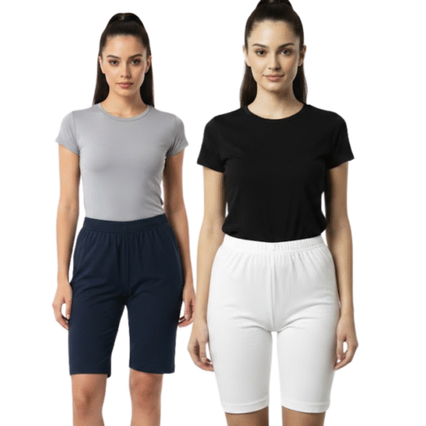Cdeck Women Hosiery Cotton Cycling Shorts Pack of 2 | Soft Stretchable Knee Length Shorts for Workout Daily Wear Comfort | White-NavyBlue
