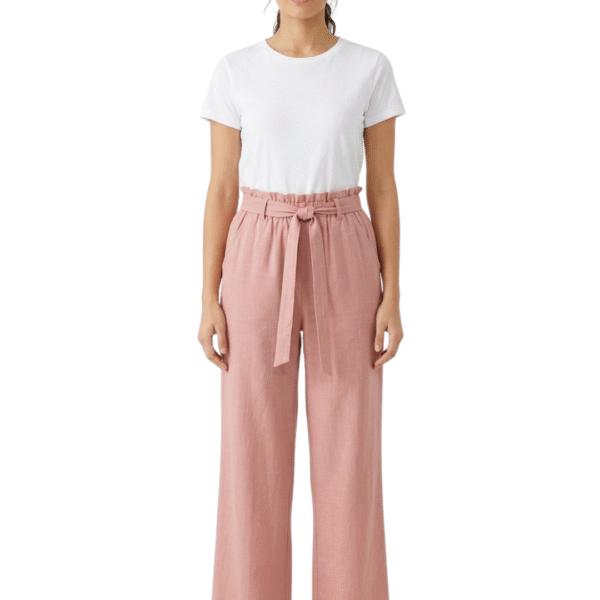 CDECK Women Linen Palazzo Pants | Relaxed Fit High Waist Wide Leg Trousers with Drawstring for Casual Wear | Peach