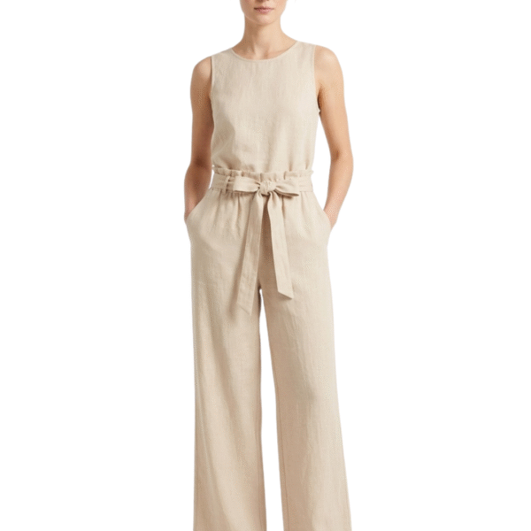 CDECK Women Linen Palazzo Pants | Relaxed Fit High Waist Wide Leg Trousers with Drawstring for Casual Wear | Beige